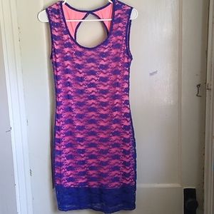 Navy Lace and Hot Neon Pink Party Dress by L8ter, Very Good Condition